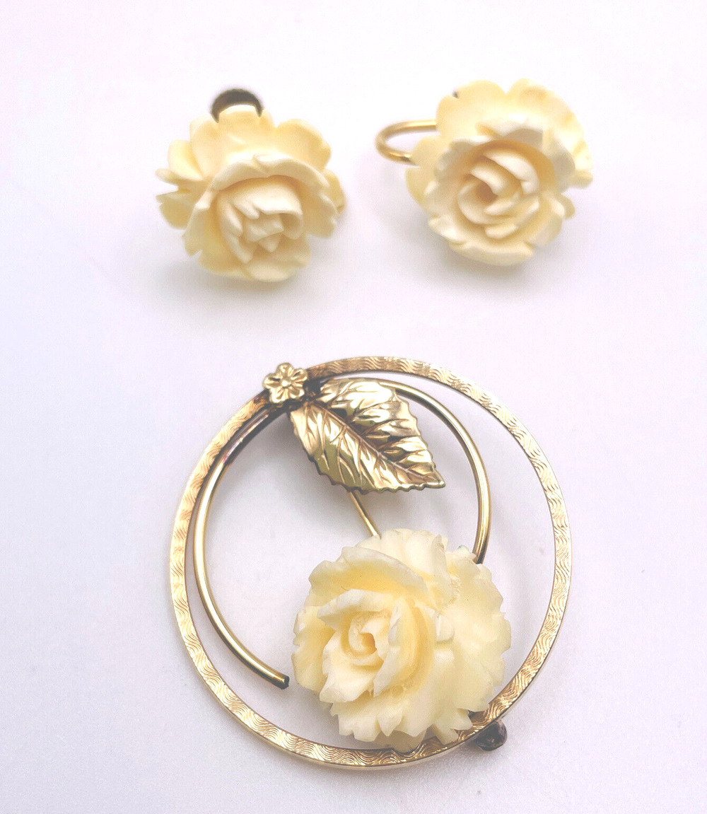 Winard 12K GF Celluloid Flower Brooch Pin Earrings Set Screw Back Signed Vintage
